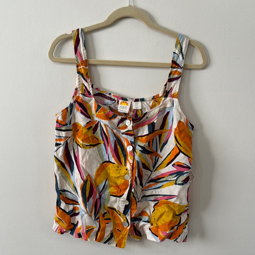 C&C California 100% Linen Colorful Floral Women's Top